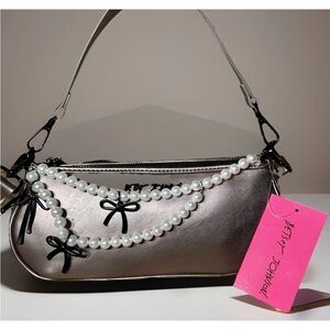 Betsey Johnson Metallic Shoulder Bag with Pearl and Bow Accents